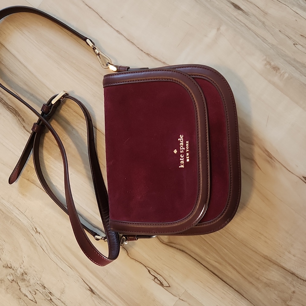Kate Spade Blake Saddle Bag suede and leather burgandy crossbody 7 x 8.5 x 2.25